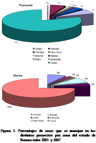 Cuadro de texto:  

 
                                 
Figura 3. Porcentajes de razas que se manejan en los distintos proyectos por zona del estado de Sonora entre 2003 y 2007



