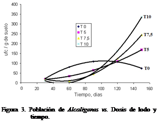 Cuadro de texto:  

Figura 3. Poblacin de Alcaligenes vs. Dosis de lodo y tiempo.




