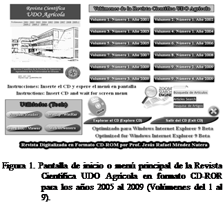 Cuadro de texto:  

Figura 1. Pantalla de inicio o men principal de la Revista Cientfica UDO Agrcola en formato CD-ROR para los aos 2005 al 2009 (Volmenes del 1 al 9).


