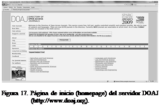 Cuadro de texto:  

Figura 17. Pgina de inicio (homepage) del servidor DOAJ (http://www.doaj.org).

