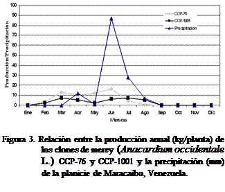 Cuadro de texto:  

Figura 3. Relacin entre la produccin anual (kg/planta) de los clones de merey (Anacardium occidentale L.) CCP-76 y CCP-1001 y la precipitacin (mm) de la planicie de Maracaibo, Venezuela.

