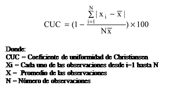 Cuadro de texto:  

Donde: 
CUC = Coeficiente de uniformidad de Christiansen
Xi = Cada uno de las observaciones desde i=1 hasta N
X =  Promedio de las observaciones
N = Nmero de observaciones
