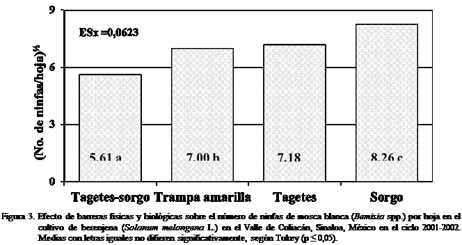 Cuadro de texto:  
Figura 3. Efecto de barreras fsicas y biolgicas sobre el nmero de ninfas de mosca blanca (Bemisia spp.) por hoja en el cultivo de berenjena (Solanum melongena L.) en el Valle de Culiacn, Sinaloa, Mxico en el ciclo 2001-2002. Medias con letras iguales no difieren significativamente, segn Tukey (p ≤ 0,05).



