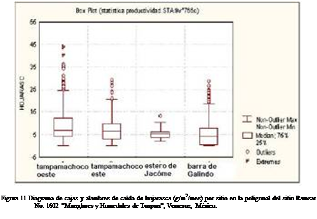 Cuadro de texto:  

Figura 11 Diagrama de cajas y alambres de cada de hojarasca (g/m2/mes) por sitio en la poligonal del sitio Ramsar No. 1602 Manglares y Humedales de Tuxpan, Veracruz, Mxico.


