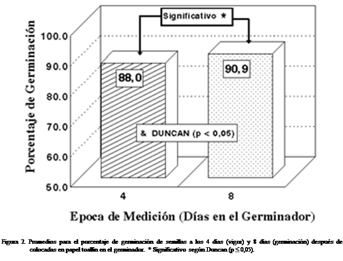 Cuadro de texto:  


Figura 2. Promedios para el porcentaje de germinacin de semillas a los 4 das (vigor) y 8 das (germinacin) despus de colocadas en papel toalln en el germinador. * Significativo segn Duncan (p ≤ 0,05).



