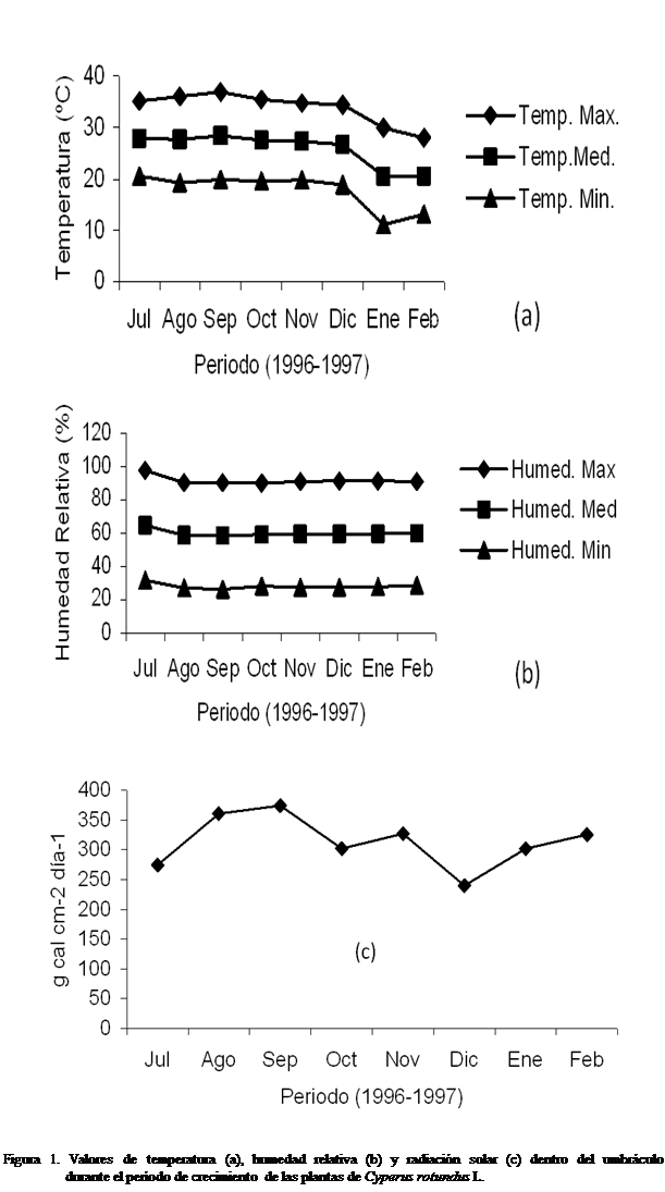 Cuadro de texto:              
 

 

Figura 1. Valores de temperatura (a), humedad relativa (b) y radiacin solar (c) dentro del umbrculo          durante el perodo de crecimiento de las plantas de Cyperus rotundus L. 









