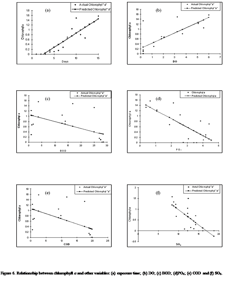 Cuadro de texto:             




            





            




Figure 6. Relationship between chlorophyll a and other variables: (a) exposure time; (b) DO; (c) BOD; (d)PO4; (e) COD and (f) SO4.

