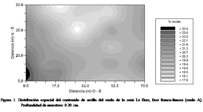 Cuadro de texto:  
Figura 1. Distribucin espacial del contenido de arcilla del suelo de la serie Le Bras, fase franco-limosa (suelo A). Profundidad de muestreo: 0-20 cm.
