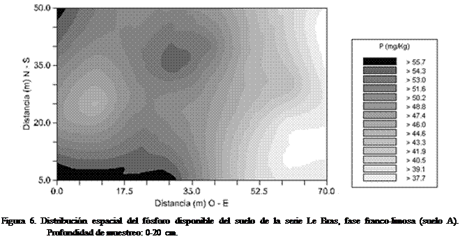 Cuadro de texto:  
Figura 6. Distribucin espacial del fsforo disponible del suelo de la serie Le Bras, fase franco-limosa (suelo A). Profundidad de muestreo: 0-20 cm.
