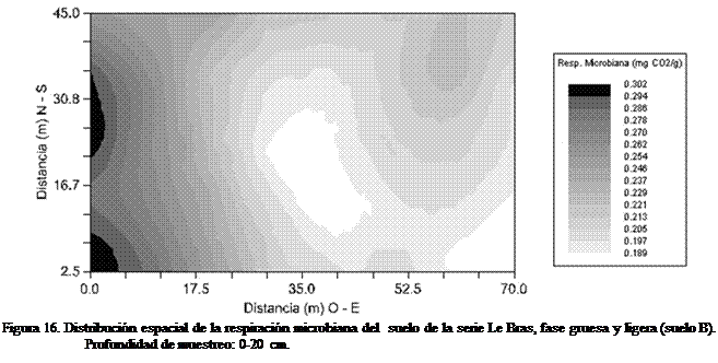 Cuadro de texto:  
Figura 16. Distribucin espacial de la respiracin microbiana del  suelo de la serie Le Bras, fase gruesa y ligera (suelo B). Profundidad de muestreo: 0-20 cm.

