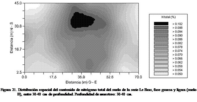 Cuadro de texto:  
Figura 21. Distribucin espacial del contenido de nitrgeno total del suelo de la serie Le Bras, fase gruesa y ligera (suelo B), entre 30-40 cm de profundidad. Profundidad de muestreo: 30-40 cm.
