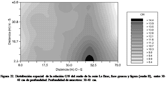 Cuadro de texto:  
Figura 22. Distribucin espacial  de la relacin C/N del suelo de la serie Le Bras, fase gruesa y ligera (suelo B),  entre 30-40 cm de profundidad. Profundidad de muestreo: 30-40 cm.
