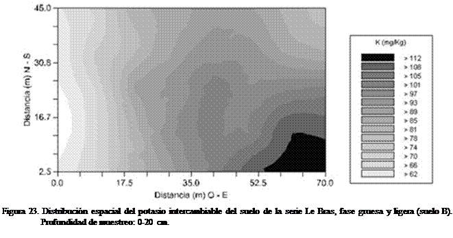 Cuadro de texto:  

Figura 23. Distribucin espacial del potasio intercambiable del suelo de la serie Le Bras, fase gruesa y ligera (suelo B). Profundidad de muestreo: 0-20 cm.
