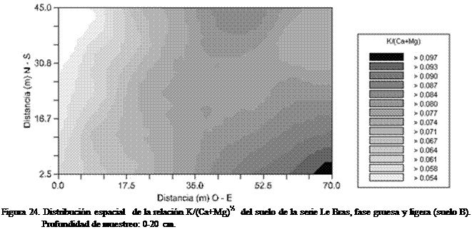 Cuadro de texto:  

Figura 24. Distribucin espacial  de la relacin K/(Ca+Mg)  del suelo de la serie Le Bras, fase gruesa y ligera (suelo B). Profundidad de muestreo: 0-20 cm.
