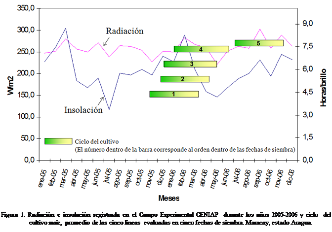 Cuadro de texto:  

Figura 1. Radiacin e insolacin registrada en el Campo Experimental CENIAP  durante los aos 2005-2006 y ciclo  del cultivo maz, promedio de las cinco lneas  evaluadas en cinco fechas de siembra. Maracay, estado Aragua.

